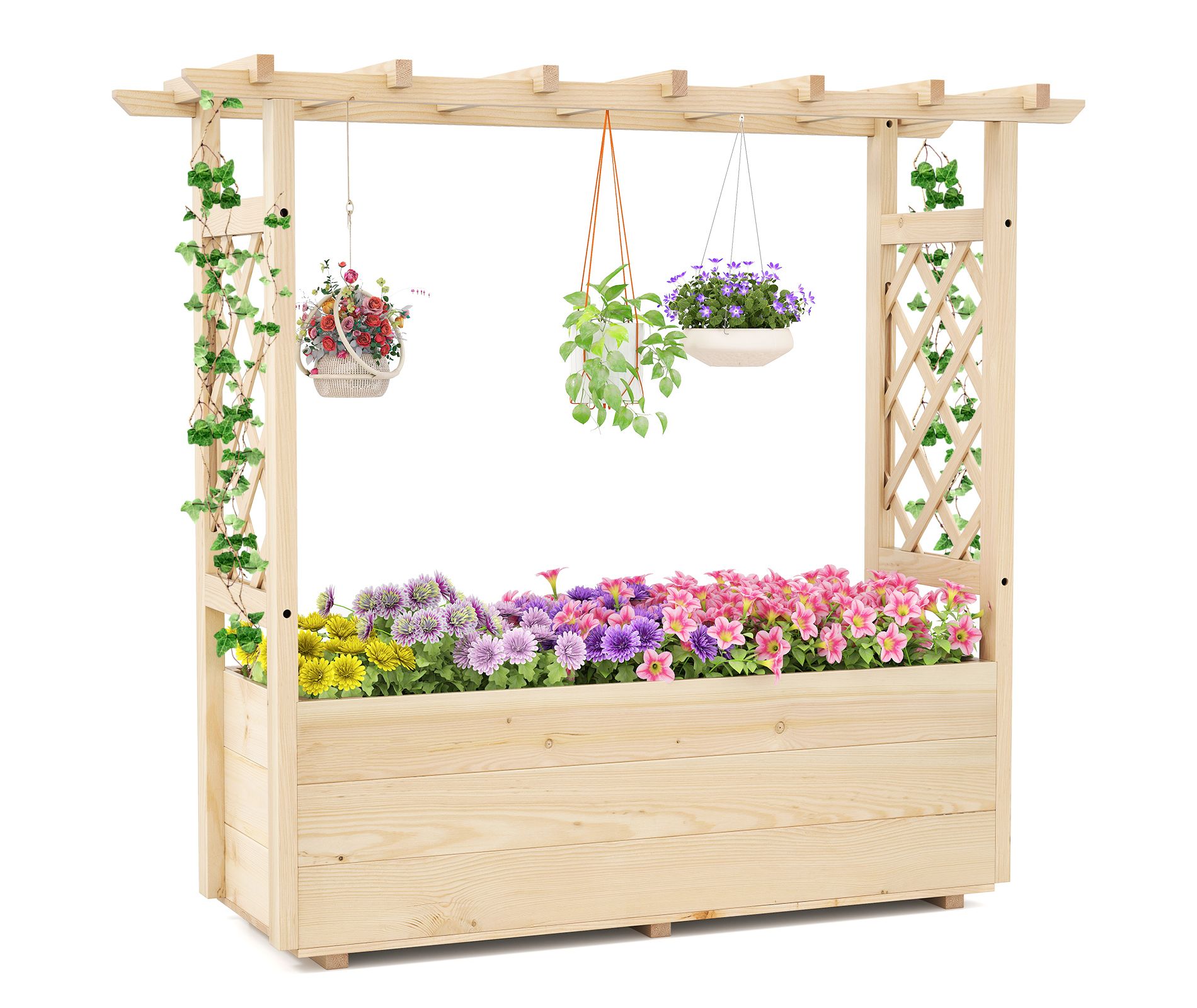 Tangkula Wooden Raised Garden Bed/ Lattice Trellises Hanging Roof Drainage Indoor Outdoor