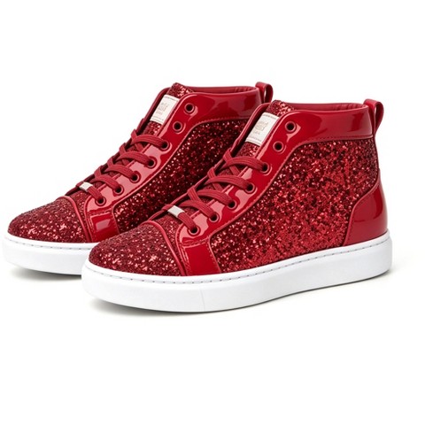 Bangka Men's High Top Sneakers Fashion Glitter Blink Lace Up Dress Shoes, red-11