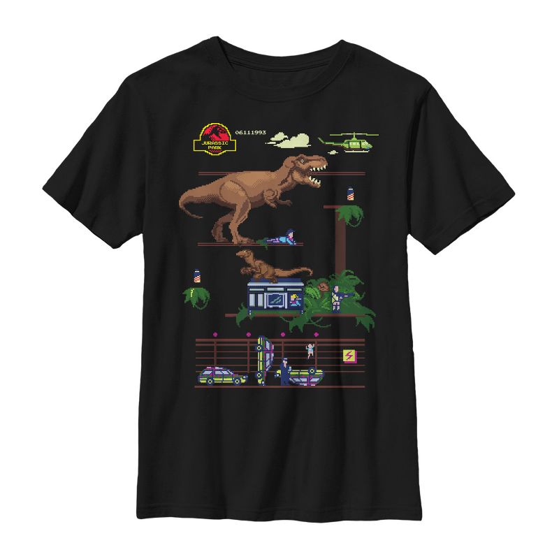 Boy's Jurassic Park Pixel Video Game T-Shirt, 1 of 5