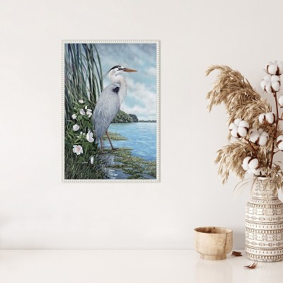 Great Blue Heron Coastal Scene Canvas Wall Art with White Frame
