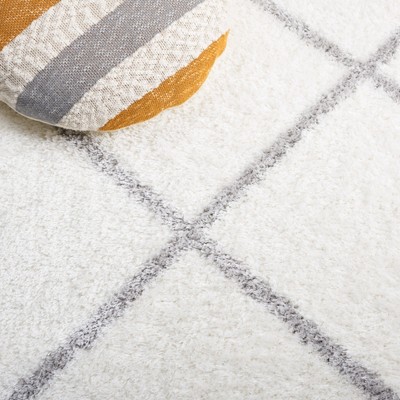 White and Gray Geometric Shag Runner Rug, 2' x 9'