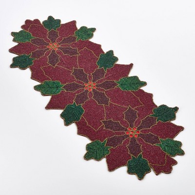 15" X 35" Beaded Poinsettia Runner Red - SARO Lifestyle