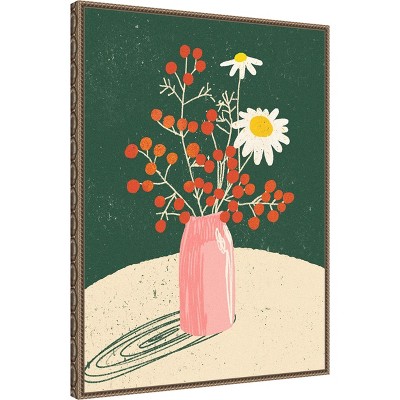 Beaded Bronze Framed Botanical Canvas Print with Pink Vase
