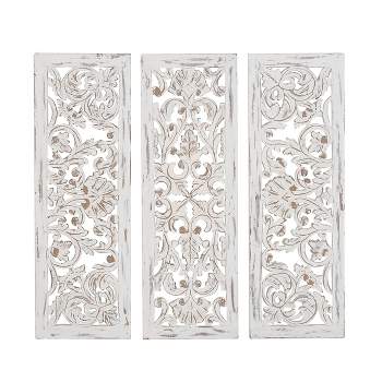 Deco 79 Wood Floral Handmade Intricately Carved Wall Decor with Mandala  Design, Set of 3 48H, 48W, Beige