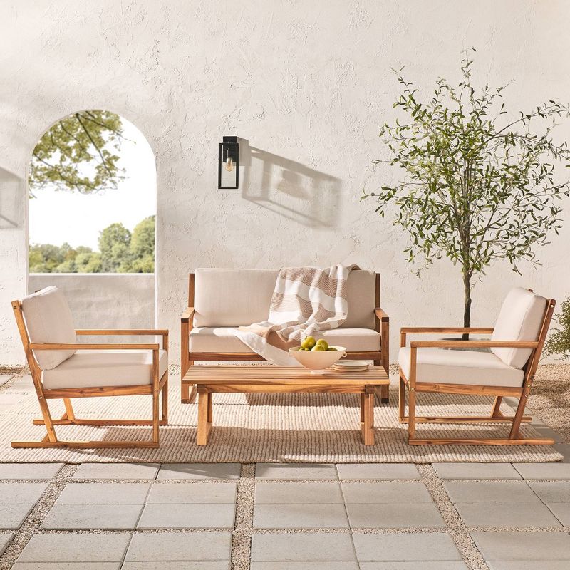 Saracina Home 4pc Modern Slat-Back Acacia Outdoor Conversation Set with Cushions Natural, 4 of 10