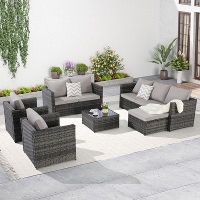 6 Piece Outdoor Wicker Rattan Patio Furniture Set All Weather Sectional Sofa Conversation Set with Glass Table Cushions and Pillows