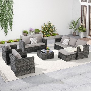 6 Piece Outdoor Wicker Rattan Patio Furniture Set All Weather Sectional Sofa Conversation Set with Glass Table Cushions and Pillows - 1 of 4