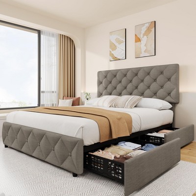 Full Size Bed Frame with 4 Storage Drawers and Headboard, Linen Upholstered Platform Bed Frame