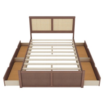 YOOCOZZ Queen Size Platform Bed with 4 Storage Drawers, Rattan Headboard Design