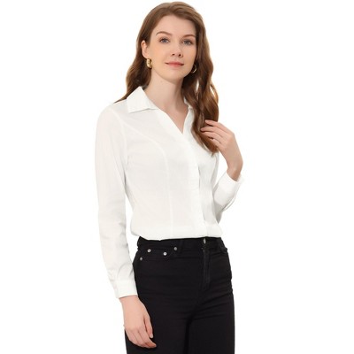Allegra K Women's V Neck Button Down Long Sleeve Work Office Shirt