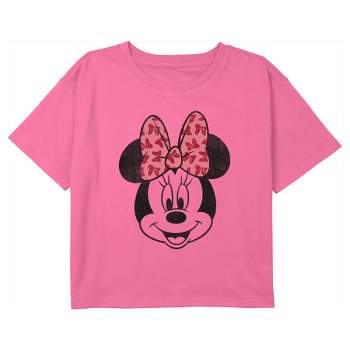 Girl's Mickey & Friends Minnie Mouse Distressed Pink Bow Crop T-Shirt