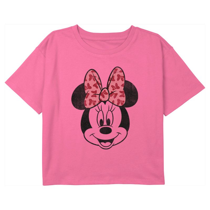 Girl's Mickey & Friends Minnie Mouse Distressed Pink Bow Crop T-Shirt, 1 of 4