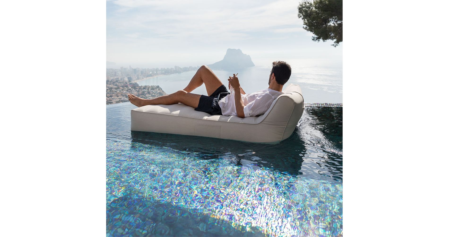 California Sun Allora Luxury Inflatable Fabric Sun Lounger Pool Float Chaise - Poolside Lounge Chair (Beige)