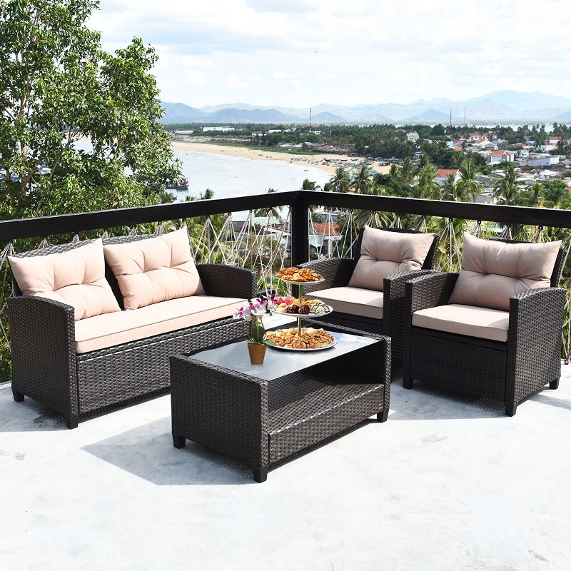 Costway 4PCS Outdoor Rattan Furniture Set Cushioned Sofa Armrest Table, 3 of 11
