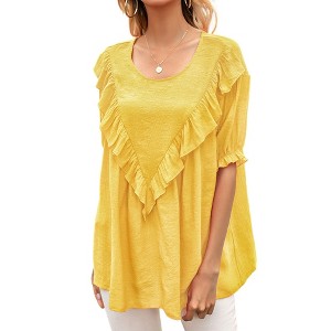 Anna-Kaci Women's Short Sleeve Loose Fit Blouse with Ruffle Trim and Round Neckline - 1 of 4