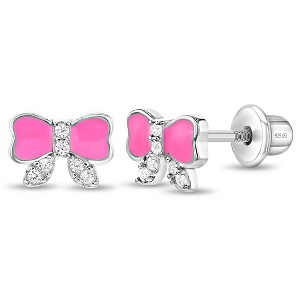 Girls' Pretty in Pink Bow Screw Back Sterling Silver Earrings - In Season Jewelry - 1 of 4