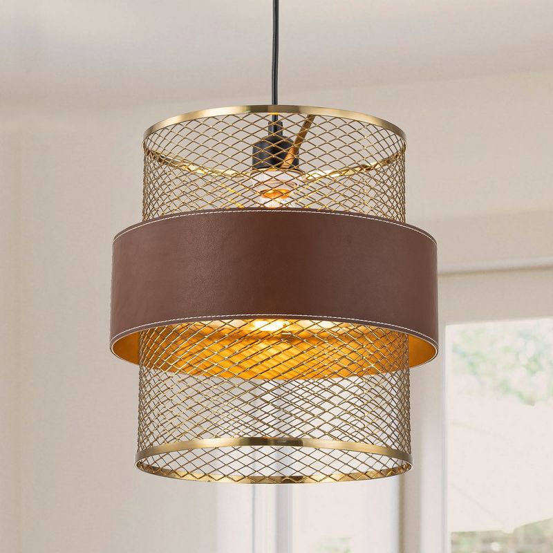 C Cattleya 11.75-inch 1-Light Brass Gold Mesh Pendant Light with Leather Accent, 2 of 9