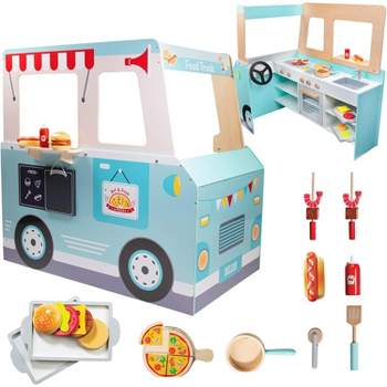 SVAN Food Truck Wooden Playset, 20 Food Pieces Including Cook Top, Steering Wheel & Sticker Sheet for Customizing, Dual Sided Play Stand,  Ages 3+