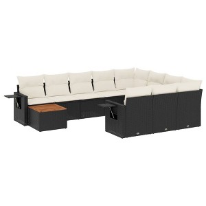 vidaXL 11 Piece Patio Sofa Set with Cushions Black and Cream - Table + 2x Corner + 6x Middle - 1 of 4