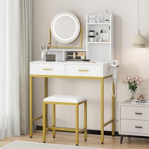 Adjustable Vanity Desk with Rotating Mirror and Storage Shelves, Makeup Table with Power Outlet, 2 Drawers, Stool, for Dressing Room - 1 of 4
