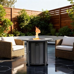 30" Propane Gas Fire Pit Table, 50000 BTU Round Steel Fire Pit with Wood Grain Ceramic Tabletop for Outside Patio Deck Garden Backyard- Black - 1 of 4