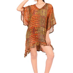 HAPPY BAY Women's Beach Cover Up Vacation Beachwear Mini Bathing Suit Loose Beach Dress Bikini Tunics Summer Small-Medium Orange Abstract - 1 of 4
