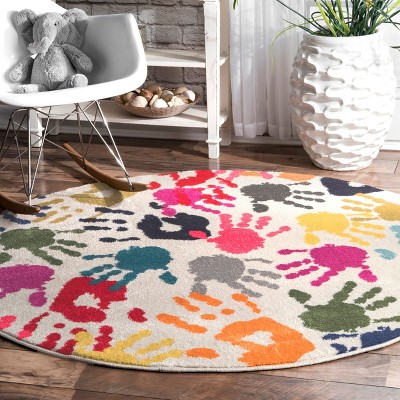 Multicolor Handprint Round Synthetic Kids Rug