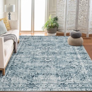 Short Pile Washable Area Rug - Boho Vintage Living Room & Bedroom Rug, Non-Slip, Machine Washable - 1 of 4
