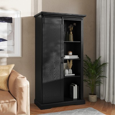 Black Wood Farmhouse Storage Cabinet with Sliding Barn Door