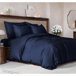 Navy Blue Queen Duvet Cover Set - 90x90, 2 Pillow Shams, Zipper Ties, Soft Breathable - 1 of 4