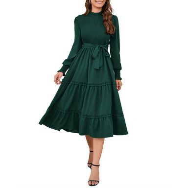 Clearlove Women Long Sleeve Crew Neck Fall Dress Fit Floral Flowy Midi  Dresses Tiered Cocktail Dress - Dark green,X Large : Target