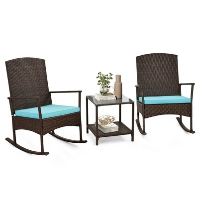 Tangkula 3 Pieces Rocking Wicker Bistro Set Outdoor Front Porch Rocker Chairs Conversation Set