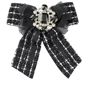 INSPIRE CHIC Women's Pre-Tied Neck Tie Tweed Ribbon Plaid Bowknot Brooch Pin with Rhinestones - 1 of 4