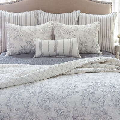 Clementina Cement Gray Floral Reversible Twin Cotton Quilt