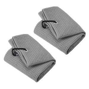 Unique Bargains Super Absorbent Waffle Pattern Tri-Fold Golf Towels with D Clips 2 Pcs - 1 of 4