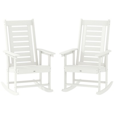 Outsunny Outdoor Rocking Chairs Set of 2, HDPE Patio Rockers with 28" High Back, Wide Armrests and Slatted Seat for Porch Backyard Balcony, White