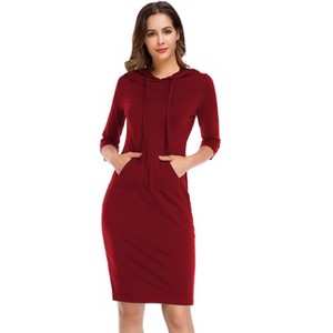 Women's Casual Long Sweatshirts 3/4 Sleeve Hooded Bodycon Dress with Kangaroo Pocket - 1 of 4