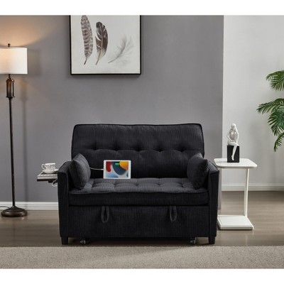 TiramisuBest 55" Corduroy Foldable Sofa Bed with Adjustable Backrest and USB Port, 2-Seat Convertible Sleeper Couch with Pillows, Dark Gray