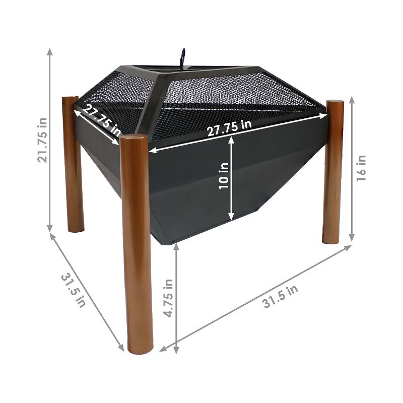 Sunnydaze Outdoor Camping or Backyard Steel Triangle Fire Pit with Wood Grate, Log Poker, and Spark Screen - 31" - Copper Finish, 4 of 12