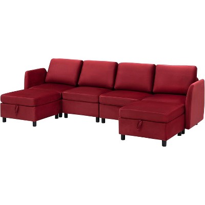 Red Velvet Modular Sectional Sofa Set, Mid Century Upholstered Couch ...