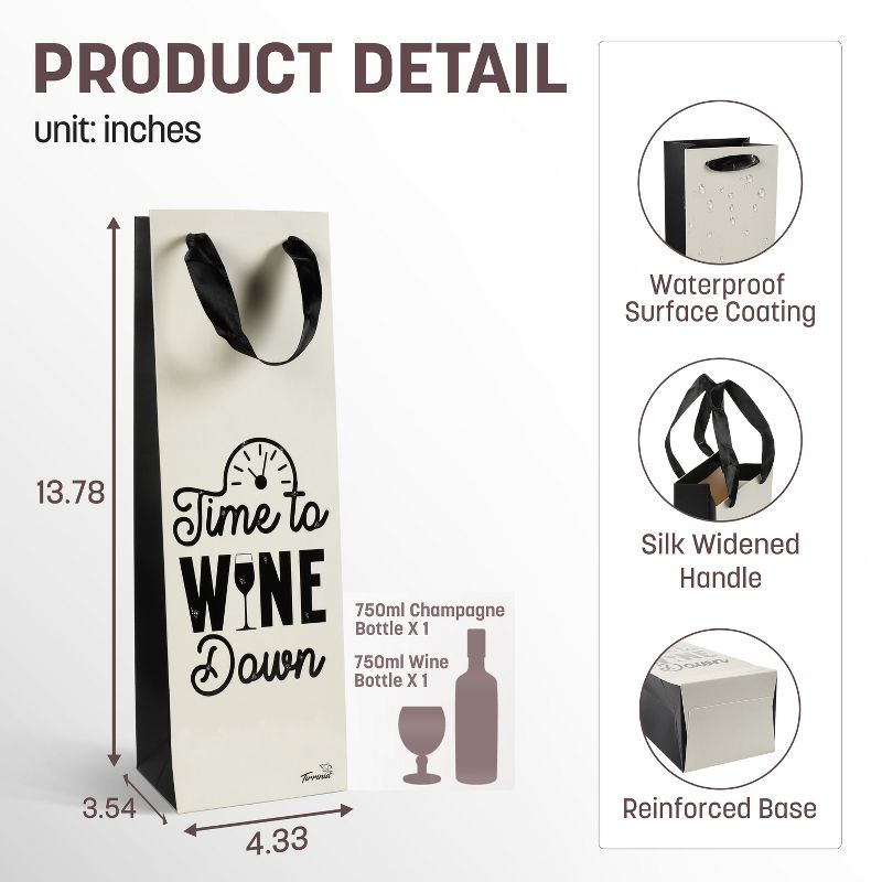 Tirrinia 12pcs Wine Gift Bag, Silk Handles Recyclable Paper Wine Bottle Bag, Bulk Set for Wedding, Business Parties, Birthdays, Father's Day, Holidays, 3 of 9