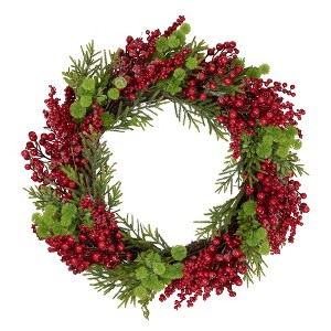 Northlight Red Berry and Frosted Pine Christmas Wreath, 28-Inch, Unlit - 1 of 4