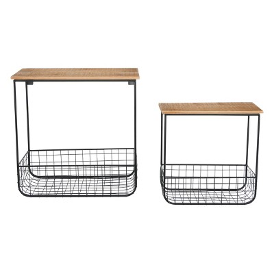 (Set of 2) Wood Wall Shelves with Metal Baskets - 3R Studios