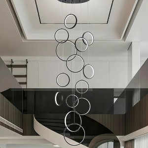 BAOURE 14 Ring High Ceiling Chandelier Foyer, Black Modern LED Large Staircase Long Chandeliers Light Fixture with Remote for Entryway Living Room - 1 of 4