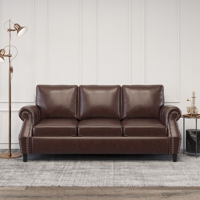 Sapphtopaz Modern PU Leather Sofa Couch Upholstered 3-Seater Sofa with Nailhead Trim & Wood Legs,Comfy Couches for Living Room,Apartment