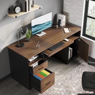 Gray Executive Desk with Storage Cabinet and Keyboard Tray