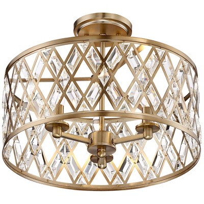 Satin Brass and Crystal Drum Semi-Flush Mount Ceiling Light