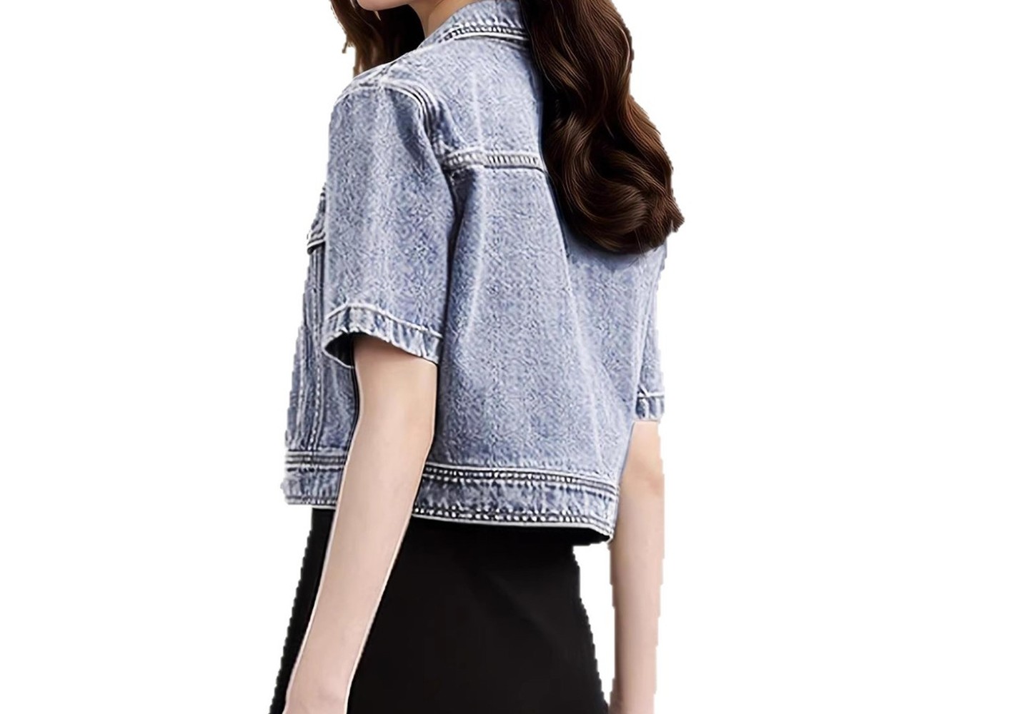 Женская куртка YesFashion Cropped Short Sleeve Denim Jacket Classic Lapel Button Front Chest Pocket Casual Light Wash Outerwear Shrug，ligh blue, цвет: Джинсовый — фото 5