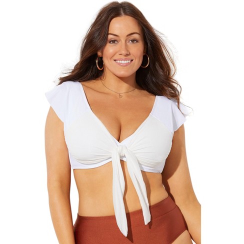 Swimsuits for All Women's Plus Size Tie Front Cup Sized Cap Sleeve  Underwire Bikini Top - 20 E/F, White