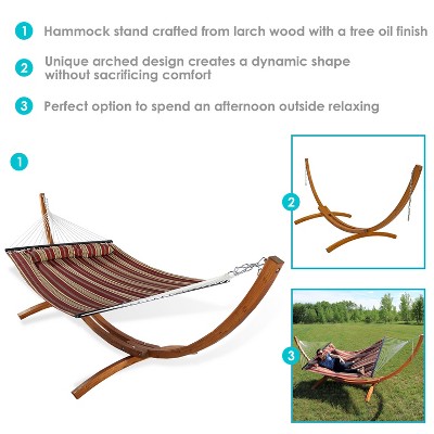 Red Stripe Quilted Double Hammock with Curved Wood Stand